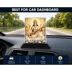 Saraswati Acrylic Car Dashboard Showpiece | Double-Sided Saraswati Photo Stand | 3 X 4 Inch Photo | Transparent Acrylic Frame With Black Base | Car Dashboard, Office & Table Decor (F70606)