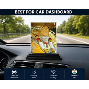 Sai Baba Of Shirdi Acrylic Car Dashboard Showpiece | Double-Sided Sai Baba Of Shirdi Photo Stand | 3 X 4 Inch Photo | Transparent Acrylic Frame With Black Base | Car Dashboard, Office & Table Decor (F70629)