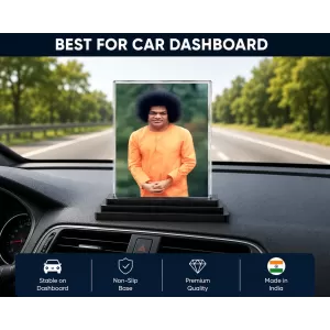 Sathya Sai Baba Acrylic Car Dashboard Showpiece | Double-Sided Sathya Sai Baba Photo Stand | 3 X 4 Inch Photo | Transparent Acrylic Frame With Black Base | Car Dashboard, Office & Table Decor (F70647)