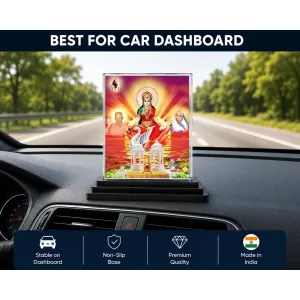 Gayatri Mata Acrylic Car Dashboard Showpiece | Double-Sided Gayatri Mata Photo Stand | 3 X 4 Inch Photo | Transparent Acrylic Frame With Black Base | Car Dashboard, Office & Table Decor (F70677)