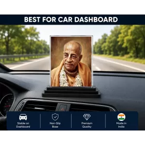 A.C. Bhaktivedanta Swami Prabhupada Acrylic Car Dashboard Showpiece | Double-Sided A.C. Bhaktivedanta Swami Prabhupada Photo Stand | 3 X 4 Inch Photo | Transparent Acrylic Frame With Black Base | Car Dashboard, Office & Table Decor (F70692)