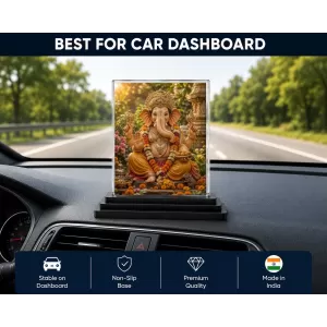 Lord Ganesha Acrylic Car Dashboard Showpiece | Double-Sided Lord Ganesha Photo Stand | 3 X 4 Inch Photo | Transparent Acrylic Frame With Black Base | Car Dashboard, Office & Table Decor (F70697)