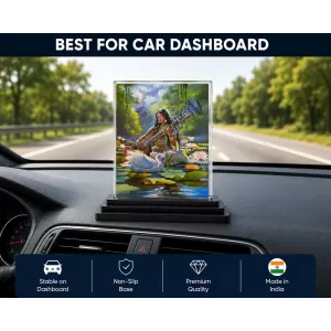 Saraswati Acrylic Car Dashboard Showpiece | Double-Sided Saraswati Photo Stand | 3 X 4 Inch Photo | Transparent Acrylic Frame With Black Base | Car Dashboard, Office & Table Decor (F70709)
