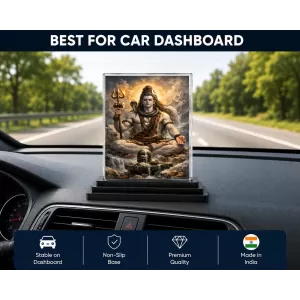 Shiva Portrait Acrylic Car Dashboard Showpiece | Double-Sided Shiva Portrait Photo Stand | 3 X 4 Inch Photo | Transparent Acrylic Frame With Black Base | Car Dashboard, Office & Table Decor (F70714)