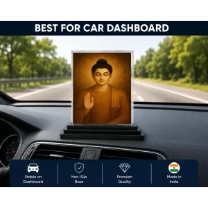 Gautama Buddha Acrylic Car Dashboard Showpiece | Double-Sided Gautama Buddha Photo Stand | 3 X 4 Inch Photo | Transparent Acrylic Frame With Black Base | Car Dashboard, Office & Table Decor (F70719)