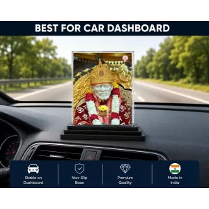 Sai Baba Of Shirdi Acrylic Car Dashboard Showpiece | Double-Sided Sai Baba Of Shirdi Photo Stand | 3 X 4 Inch Photo | Transparent Acrylic Frame With Black Base | Car Dashboard, Office & Table Decor (F70727)