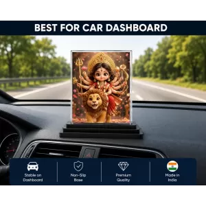 Durga Maa Acrylic Car Dashboard Showpiece | Double-Sided Durga Maa Photo Stand | 3 X 4 Inch Photo | Transparent Acrylic Frame With Black Base | Car Dashboard, Office & Table Decor (F70729)