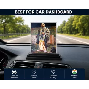 A.C. Bhaktivedanta Swami Prabhupada Acrylic Car Dashboard Showpiece | Double-Sided A.C. Bhaktivedanta Swami Prabhupada Photo Stand | 3 X 4 Inch Photo | Transparent Acrylic Frame With Black Base | Car Dashboard, Office & Table Decor (F70782)