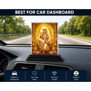 Sai Baba Of Shirdi Acrylic Car Dashboard Showpiece | Double-Sided Sai Baba Of Shirdi Photo Stand | 3 X 4 Inch Photo | Transparent Acrylic Frame With Black Base | Car Dashboard, Office & Table Decor (F70800)