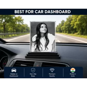 Anandamayi Ma Acrylic Car Dashboard Showpiece | Double-Sided Anandamayi Ma Photo Stand | 3 X 4 Inch Photo | Transparent Acrylic Frame With Black Base | Car Dashboard, Office & Table Decor (F70802)