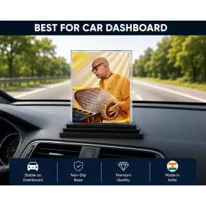 A.C. Bhaktivedanta Swami Prabhupada Acrylic Car Dashboard Showpiece | Double-Sided A.C. Bhaktivedanta Swami Prabhupada Photo Stand | 3 X 4 Inch Photo | Transparent Acrylic Frame With Black Base | Car Dashboard, Office & Table Decor (F70804)