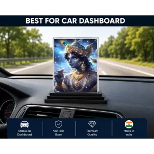 Radha Krishna Acrylic Car Dashboard Showpiece | Double-Sided Radha Krishna Photo Stand | 3 X 4 Inch Photo | Transparent Acrylic Frame With Black Base | Car Dashboard, Office & Table Decor (F70807)