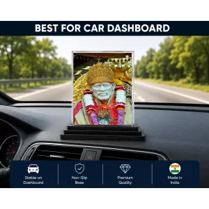 Sai Baba Acrylic Car Dashboard Showpiece | Double-Sided Sai Baba Photo Stand | 3 X 4 Inch Photo | Transparent Acrylic Frame With Black Base | Car Dashboard, Office & Table Decor (F70812)