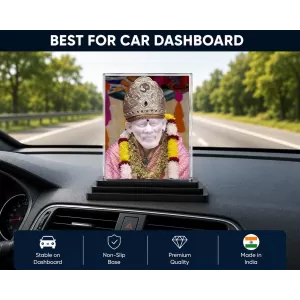 Sai Baba Acrylic Car Dashboard Showpiece | Double-Sided Sai Baba Photo Stand | 3 X 4 Inch Photo | Transparent Acrylic Frame With Black Base | Car Dashboard, Office & Table Decor (F70815)