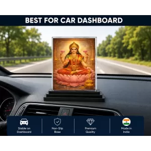 Hindu Goddess Acrylic Car Dashboard Showpiece | Double-Sided Hindu Goddess Photo Stand | 3 X 4 Inch Photo | Transparent Acrylic Frame With Black Base | Car Dashboard, Office & Table Decor (F70824)