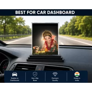 Lord Ganesha Acrylic Car Dashboard Showpiece | Double-Sided Lord Ganesha Photo Stand | 3 X 4 Inch Photo | Transparent Acrylic Frame With Black Base | Car Dashboard, Office & Table Decor (F70834)