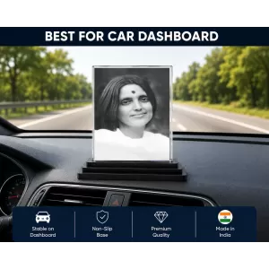 Anandamayi Ma Acrylic Car Dashboard Showpiece | Double-Sided Anandamayi Ma Photo Stand | 3 X 4 Inch Photo | Transparent Acrylic Frame With Black Base | Car Dashboard, Office & Table Decor (F70837)