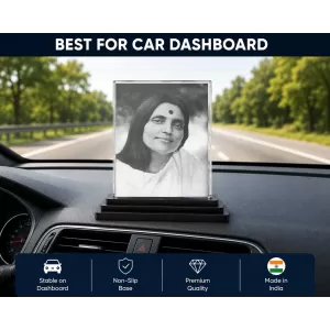 Anandamayi Ma Acrylic Car Dashboard Showpiece | Double-Sided Anandamayi Ma Photo Stand | 3 X 4 Inch Photo | Transparent Acrylic Frame With Black Base | Car Dashboard, Office & Table Decor (F70839)