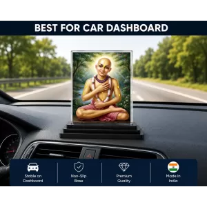 Chaitanya Mahaprabhu Acrylic Car Dashboard Showpiece | Double-Sided Chaitanya Mahaprabhu Photo Stand | 3 X 4 Inch Photo | Transparent Acrylic Frame With Black Base | Car Dashboard, Office & Table Decor (F70842)