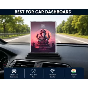 Lord Ganesha Acrylic Car Dashboard Showpiece | Double-Sided Lord Ganesha Photo Stand | 3 X 4 Inch Photo | Transparent Acrylic Frame With Black Base | Car Dashboard, Office & Table Decor (F70852)