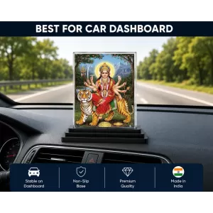 Hindu Goddess Acrylic Car Dashboard Showpiece | Double-Sided Hindu Goddess Photo Stand | 3 X 4 Inch Photo | Transparent Acrylic Frame With Black Base | Car Dashboard, Office & Table Decor (F70858)