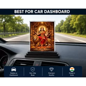 Hindu Goddess Acrylic Car Dashboard Showpiece | Double-Sided Hindu Goddess Photo Stand | 3 X 4 Inch Photo | Transparent Acrylic Frame With Black Base | Car Dashboard, Office & Table Decor (F70863)
