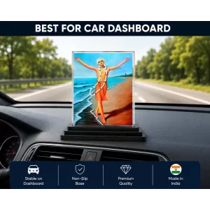 Chaitanya Mahaprabhu Acrylic Car Dashboard Showpiece | Double-Sided Chaitanya Mahaprabhu Photo Stand | 3 X 4 Inch Photo | Transparent Acrylic Frame With Black Base | Car Dashboard, Office & Table Decor (F70865)