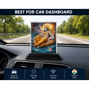 Lord Vishnu Acrylic Car Dashboard Showpiece | Double-Sided Lord Vishnu Photo Stand | 3 X 4 Inch Photo | Transparent Acrylic Frame With Black Base | Car Dashboard, Office & Table Decor (F70879)