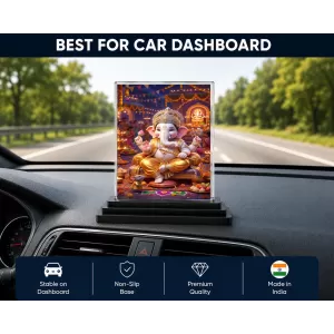 Lord Ganesha Acrylic Car Dashboard Showpiece | Double-Sided Lord Ganesha Photo Stand | 3 X 4 Inch Photo | Transparent Acrylic Frame With Black Base | Car Dashboard, Office & Table Decor (F70890)