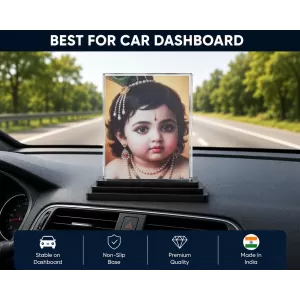 Radha Krishna Acrylic Car Dashboard Showpiece | Double-Sided Radha Krishna Photo Stand | 3 X 4 Inch Photo | Transparent Acrylic Frame With Black Base | Car Dashboard, Office & Table Decor (F70895)