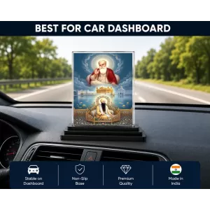 Guru Nanak Dev Ji Acrylic Car Dashboard Showpiece | Double-Sided Guru Nanak Dev Ji Photo Stand | 3 X 4 Inch Photo | Transparent Acrylic Frame With Black Base | Car Dashboard, Office & Table Decor (F70901)