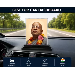A.C. Bhaktivedanta Swami Prabhupada Acrylic Car Dashboard Showpiece | Double-Sided A.C. Bhaktivedanta Swami Prabhupada Photo Stand | 3 X 4 Inch Photo | Transparent Acrylic Frame With Black Base | Car Dashboard, Office & Table Decor (F70927)
