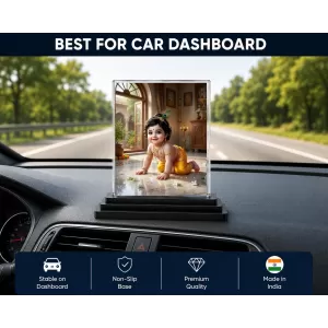 Radha Krishna Acrylic Car Dashboard Showpiece | Double-Sided Radha Krishna Photo Stand | 3 X 4 Inch Photo | Transparent Acrylic Frame With Black Base | Car Dashboard, Office & Table Decor (F70932)