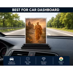Chaitanya Mahaprabhu Acrylic Car Dashboard Showpiece | Double-Sided Chaitanya Mahaprabhu Photo Stand | 3 X 4 Inch Photo | Transparent Acrylic Frame With Black Base | Car Dashboard, Office & Table Decor (F70949)