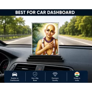 Chaitanya Mahaprabhu Acrylic Car Dashboard Showpiece | Double-Sided Chaitanya Mahaprabhu Photo Stand | 3 X 4 Inch Photo | Transparent Acrylic Frame With Black Base | Car Dashboard, Office & Table Decor (F70962)