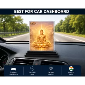 Mahavira Acrylic Car Dashboard Showpiece | Double-Sided Mahavira Photo Stand | 3 X 4 Inch Photo | Transparent Acrylic Frame With Black Base | Car Dashboard, Office & Table Decor (F70970)