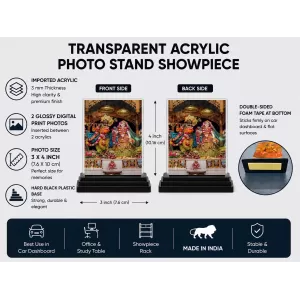 Hindu Deity Acrylic Car Dashboard Showpiece | Double-Sided Hindu Deity Photo Stand | 3 X 4 Inch Photo | Transparent Acrylic Frame With Black Base | Car Dashboard, Office & Table Decor (F70226)