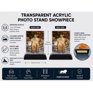 Radhanath Swami Acrylic Car Dashboard Showpiece | Double-Sided Radhanath Swami Photo Stand | 3 X 4 Inch Photo | Transparent Acrylic Frame With Black Base | Car Dashboard, Office & Table Decor (F70231)