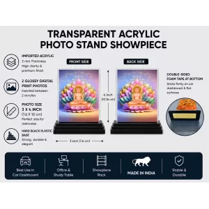 Mahavira Acrylic Car Dashboard Showpiece | Double-Sided Mahavira Photo Stand | 3 X 4 Inch Photo | Transparent Acrylic Frame With Black Base | Car Dashboard, Office & Table Decor (F70234)