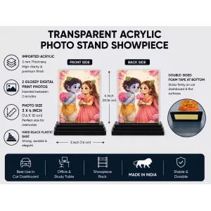 Hindu Deity Acrylic Car Dashboard Showpiece | Double-Sided Hindu Deity Photo Stand | 3 X 4 Inch Photo | Transparent Acrylic Frame With Black Base | Car Dashboard, Office & Table Decor (F70238)