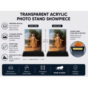 Chaitanya Mahaprabhu Acrylic Car Dashboard Showpiece | Double-Sided Chaitanya Mahaprabhu Photo Stand | 3 X 4 Inch Photo | Transparent Acrylic Frame With Black Base | Car Dashboard, Office & Table Decor (F70254)