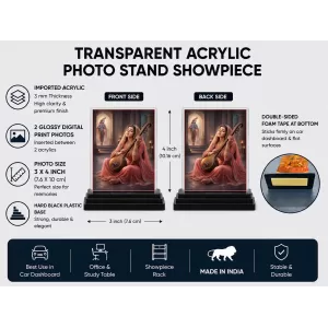 Mirabai Acrylic Car Dashboard Showpiece | Double-Sided Mirabai Photo Stand | 3 X 4 Inch Photo | Transparent Acrylic Frame With Black Base | Car Dashboard, Office & Table Decor (F70259)