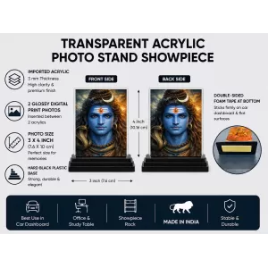Shiva Acrylic Car Dashboard Showpiece | Double-Sided Shiva Photo Stand | 3 X 4 Inch Photo | Transparent Acrylic Frame With Black Base | Car Dashboard, Office & Table Decor (F70262)