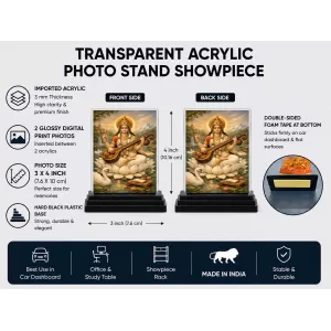 Saraswati Acrylic Car Dashboard Showpiece | Double-Sided Saraswati Photo Stand | 3 X 4 Inch Photo | Transparent Acrylic Frame With Black Base | Car Dashboard, Office & Table Decor (F70268)