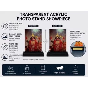 Hindu Deity Acrylic Car Dashboard Showpiece | Double-Sided Hindu Deity Photo Stand | 3 X 4 Inch Photo | Transparent Acrylic Frame With Black Base | Car Dashboard, Office & Table Decor (F70283)