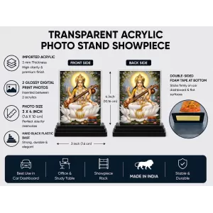 Hindu Goddess Acrylic Car Dashboard Showpiece | Double-Sided Hindu Goddess Photo Stand | 3 X 4 Inch Photo | Transparent Acrylic Frame With Black Base | Car Dashboard, Office & Table Decor (F70288)