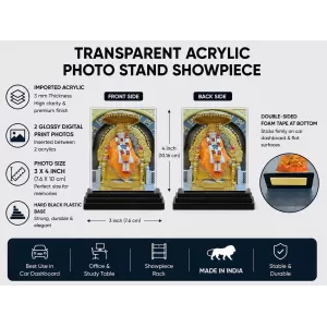Sai Baba Of Shirdi Acrylic Car Dashboard Showpiece | Double-Sided Sai Baba Of Shirdi Photo Stand | 3 X 4 Inch Photo | Transparent Acrylic Frame With Black Base | Car Dashboard, Office & Table Decor (F70291)