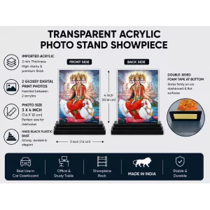 Gayatri Mata Acrylic Car Dashboard Showpiece | Double-Sided Gayatri Mata Photo Stand | 3 X 4 Inch Photo | Transparent Acrylic Frame With Black Base | Car Dashboard, Office & Table Decor (F70307)