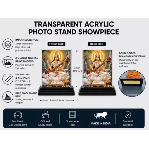 Saraswati Acrylic Car Dashboard Showpiece | Double-Sided Saraswati Photo Stand | 3 X 4 Inch Photo | Transparent Acrylic Frame With Black Base | Car Dashboard, Office & Table Decor (F70314)