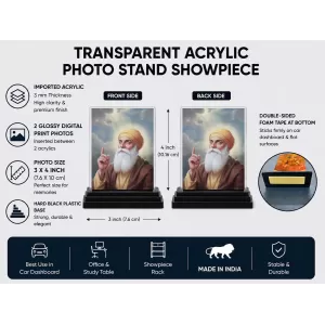 Guru Nanak Dev Ji Acrylic Car Dashboard Showpiece | Double-Sided Guru Nanak Dev Ji Photo Stand | 3 X 4 Inch Photo | Transparent Acrylic Frame With Black Base | Car Dashboard, Office & Table Decor (F70327)